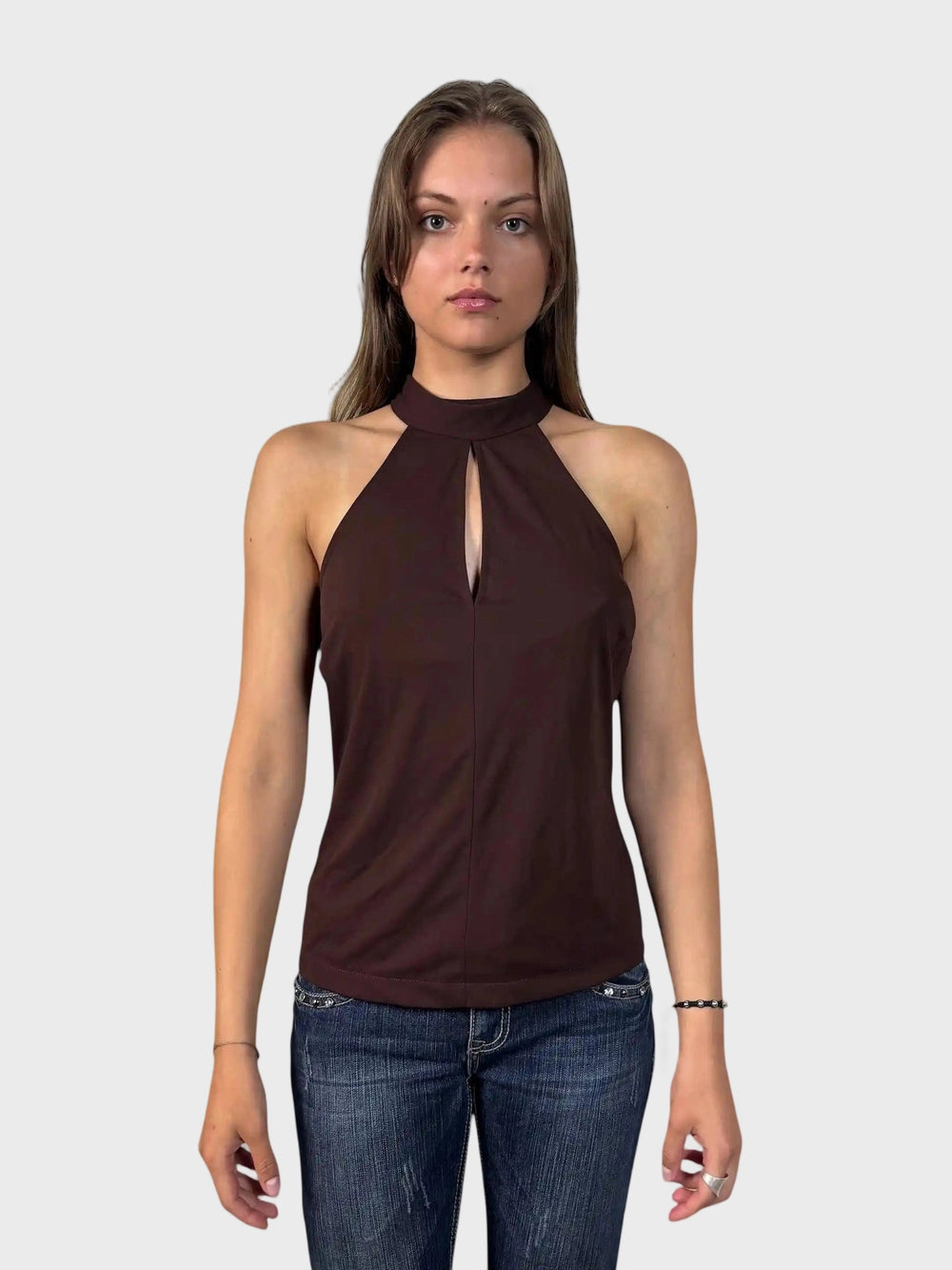 front view, Clifford & Will Brown Bow Tie Halter Top, vintage Y2K second hand piece