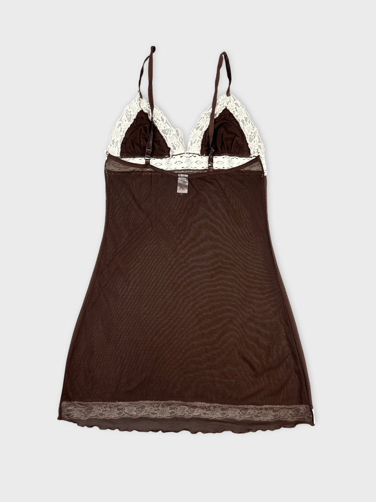 Brown Lace Trimmed Mesh Crop Top (L)