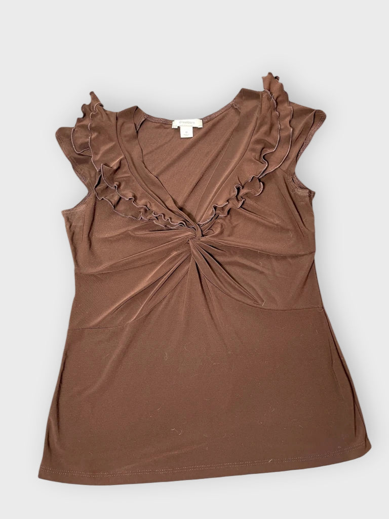 detail view, Dressbarn Brown Ruffle Detail Blouse, vintage Y2K second hand piece