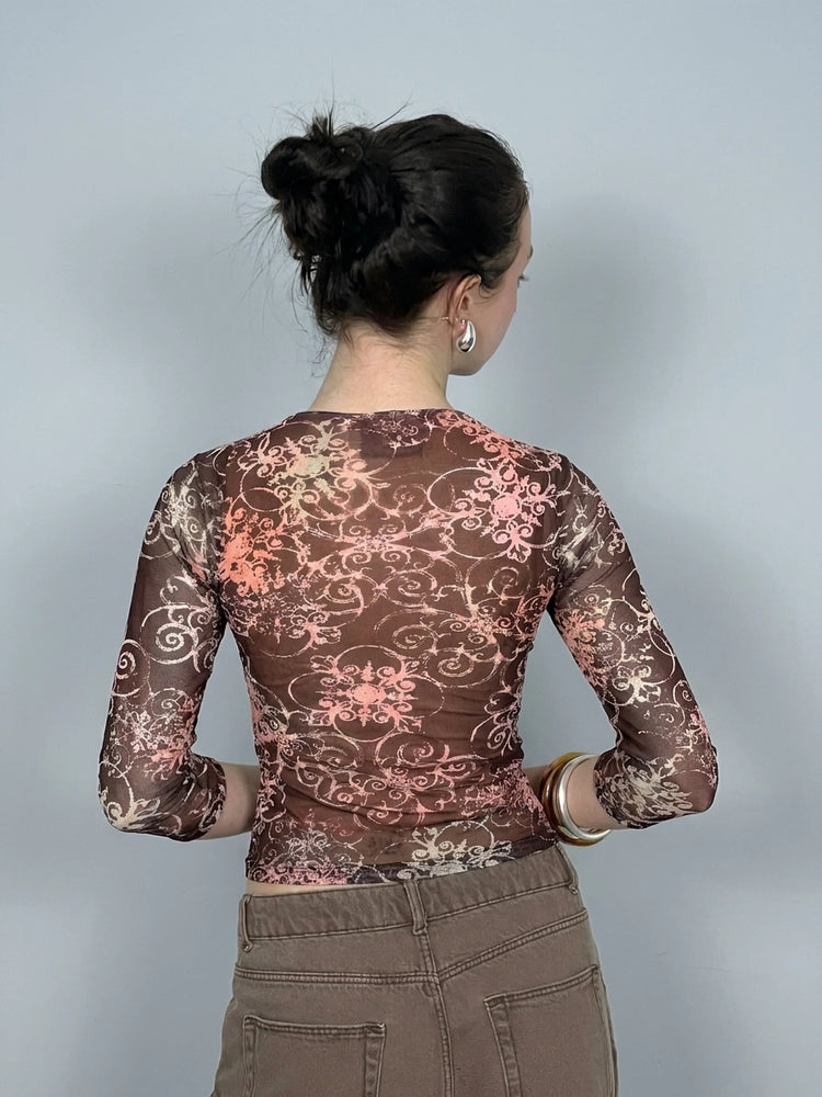 Brown Sheer Floral Long Sleeve Top (S)