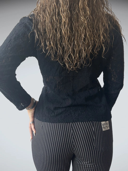 Y2K Sheer Lace Button-Up Blouse in Ivory Black(M)
