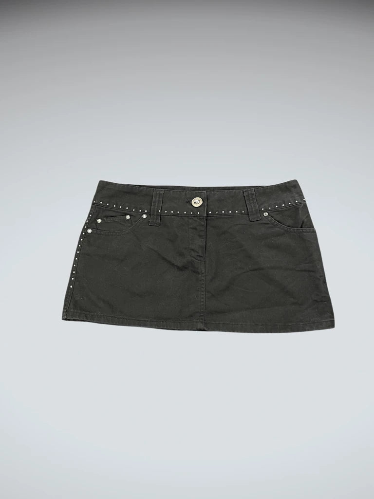front view, Jennyfer Black Cotton Mini Skirt with Rhinestone Trim, vintage Y2K second hand piece