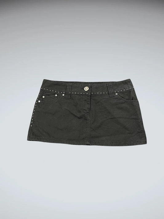 front view, Jennyfer Black Cotton Mini Skirt with Rhinestone Trim, vintage Y2K second hand piece