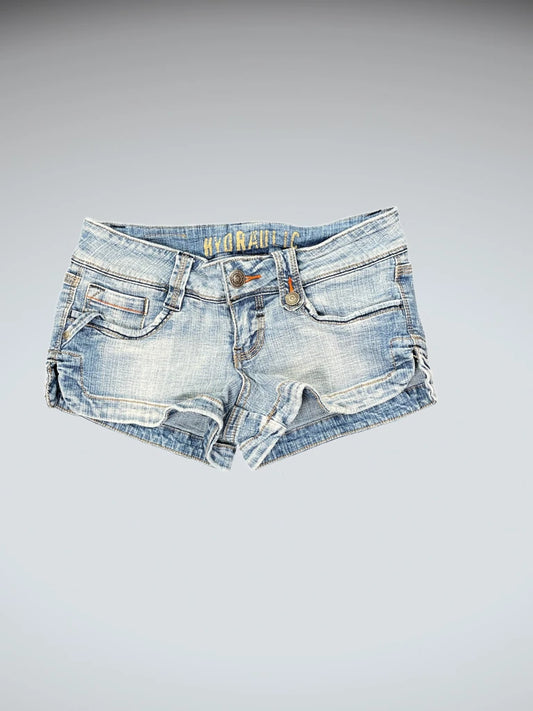 front view, Hydraulic Light Wash Vintage Denim Hotpants, vintage Y2K second hand piece