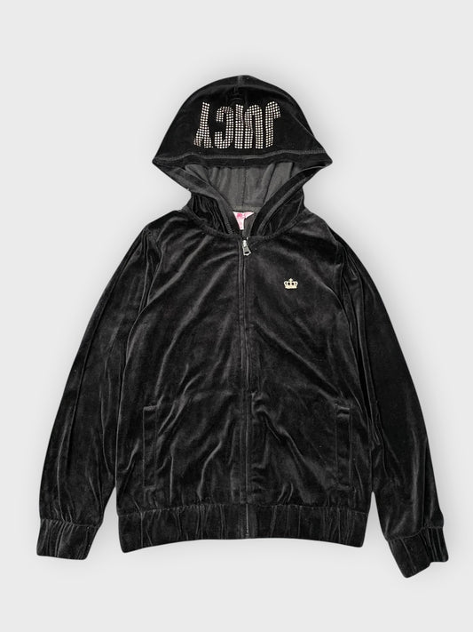 front view, Black Juicy Couture Velour Hoodie with Crown Embroidery, vintage Y2K second hand piece