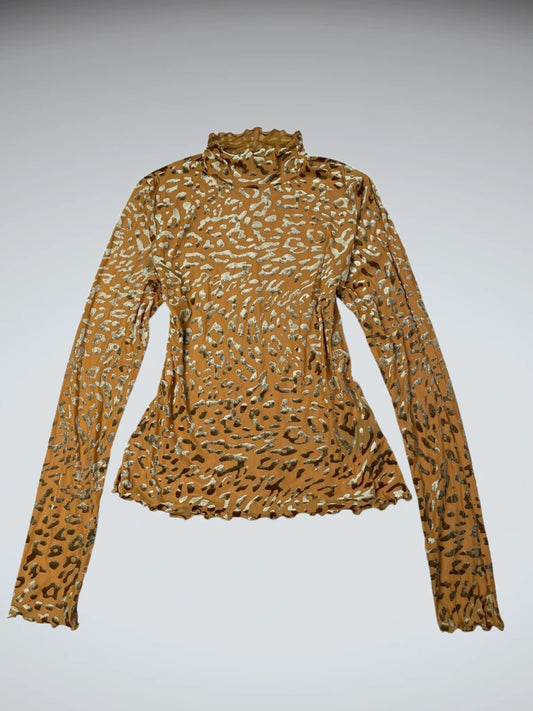 front view, Out Home Under 90s orange turtleneck animal print top, vintage Y2K second hand piece