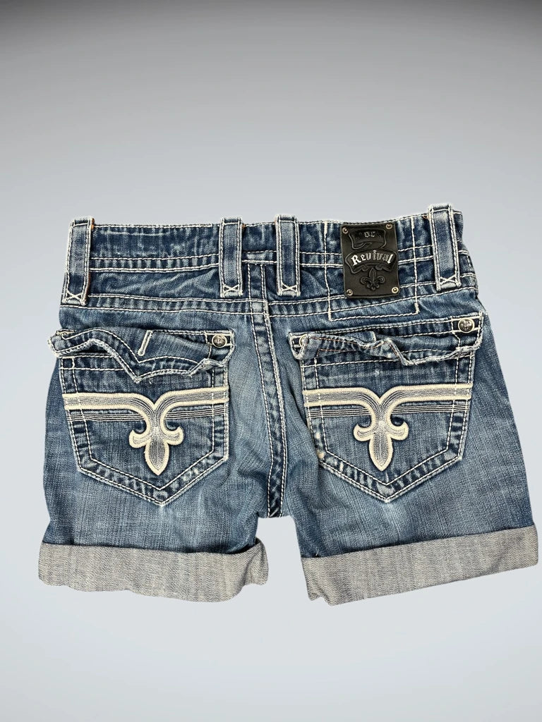 front view, Rock Revival Embroidered Pocket Denim Hotpants, vintage Y2K second hand piece