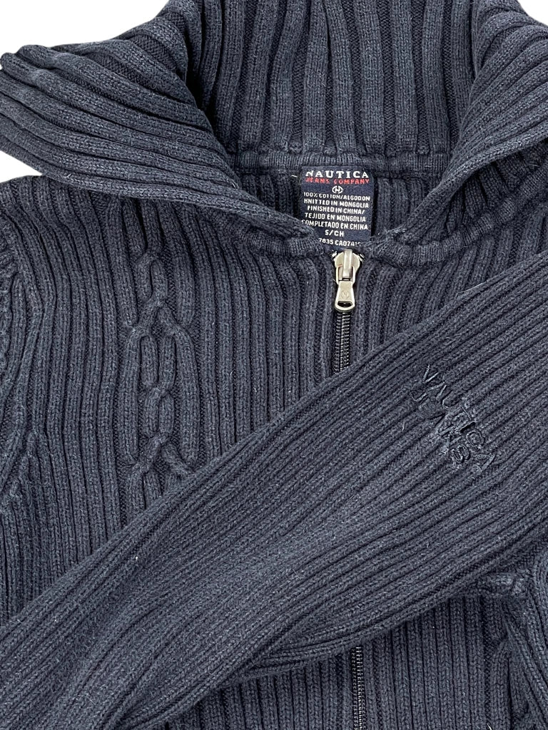 detail view, Nautica Navy Cable Knit Sweater with Folded Cuffs, vintage Y2K second hand piece