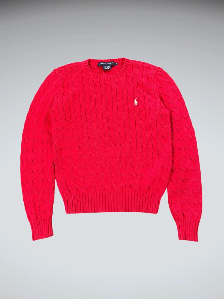front view, Polo Ralph Lauren Red Cable Knit Sweater, vintage Y2K second hand piece