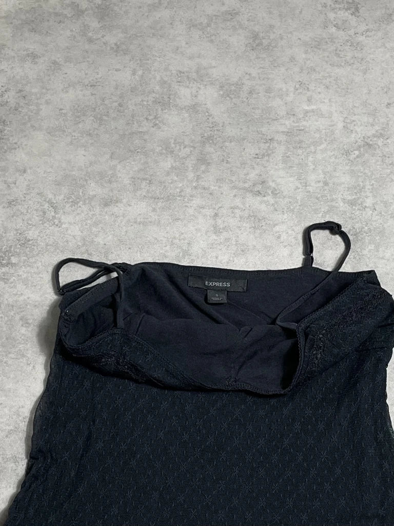 detail view, Express black top, vintage Y2K second hand piece