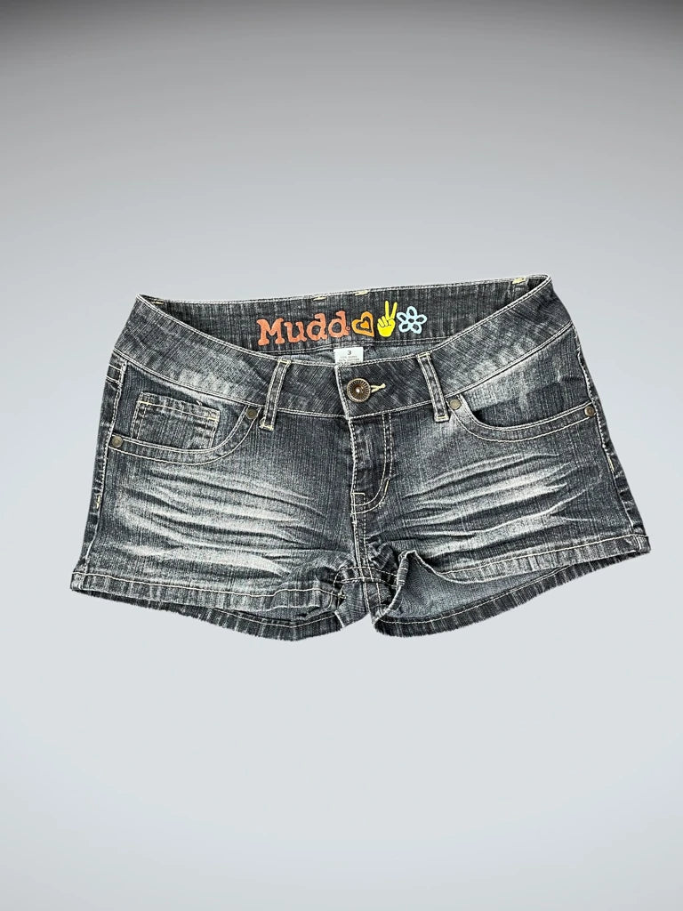 detail view, Mudd Grey Wash Vintage Denim Hotpants, vintage Y2K second hand piece