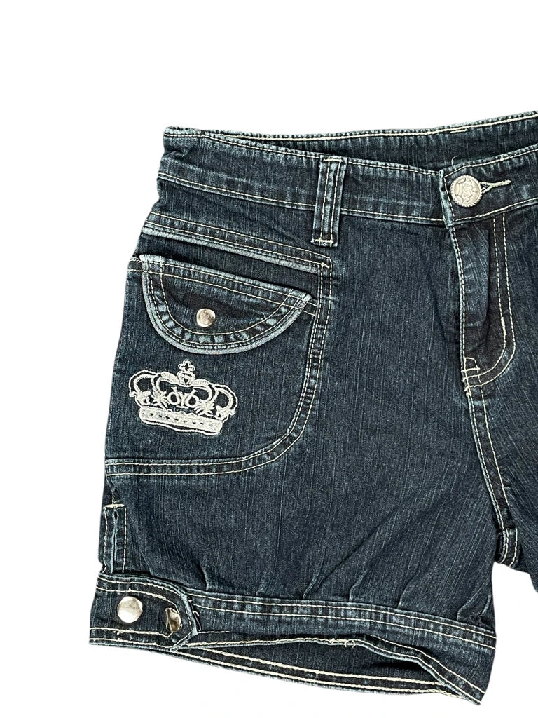 detail view, Crown Embroidered Dark Wash Denim Hotpants, vintage Y2K second hand piece, image 6