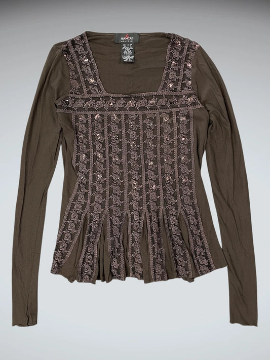 back view, Francias Montreal Francais Montreal Brown Ruched Top, vintage Y2K second hand piece
