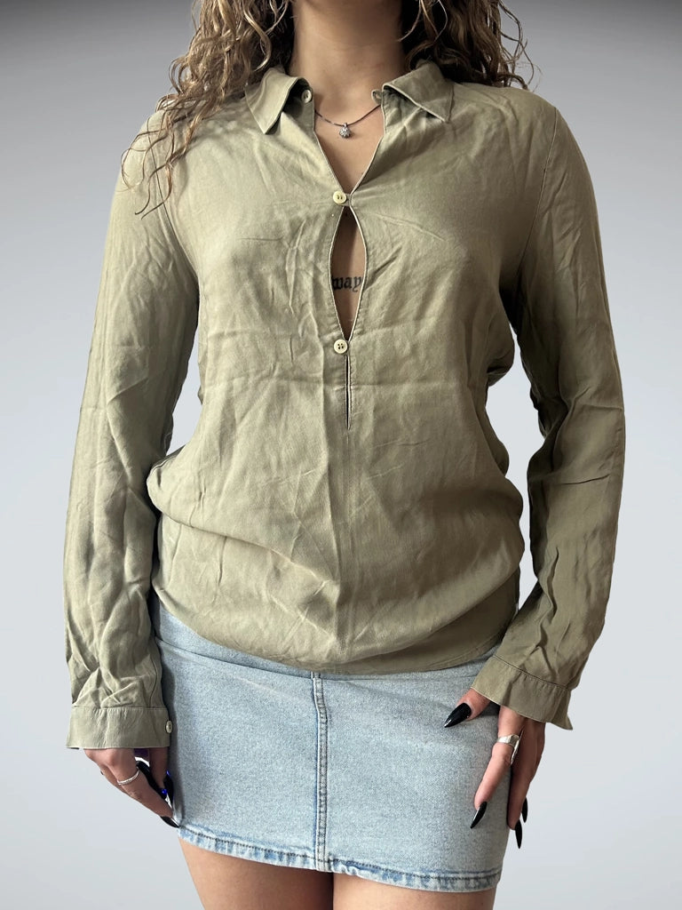 front view, Emporio Armani Y2K Baggy Collar Top in Green, vintage Y2K second hand piece