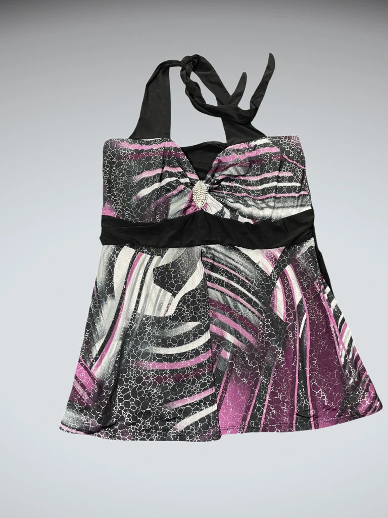 detail view, Black Purple Pattern Halterneck Top, vintage Y2K second hand piece