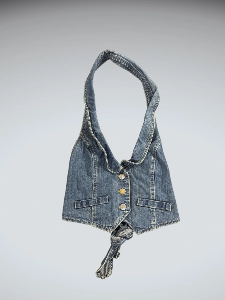 front view, Retro Y2K Halter Neck Denim Vest, vintage Y2K second hand piece