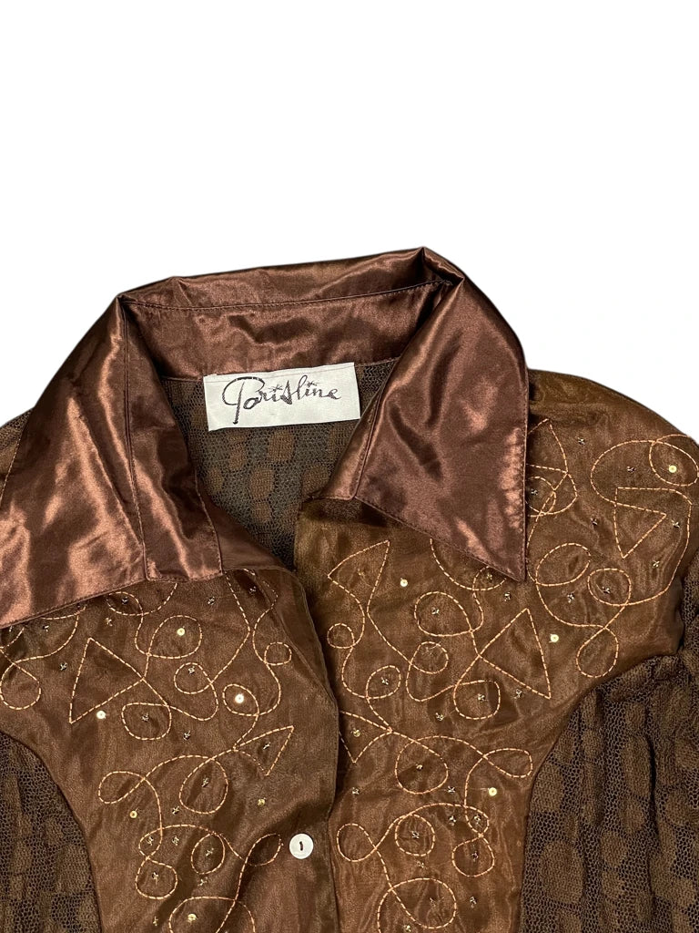 detail view, Poriline Retro Brown Satin Collar Embellished Button-Up, vintage Y2K second hand piece, image 5