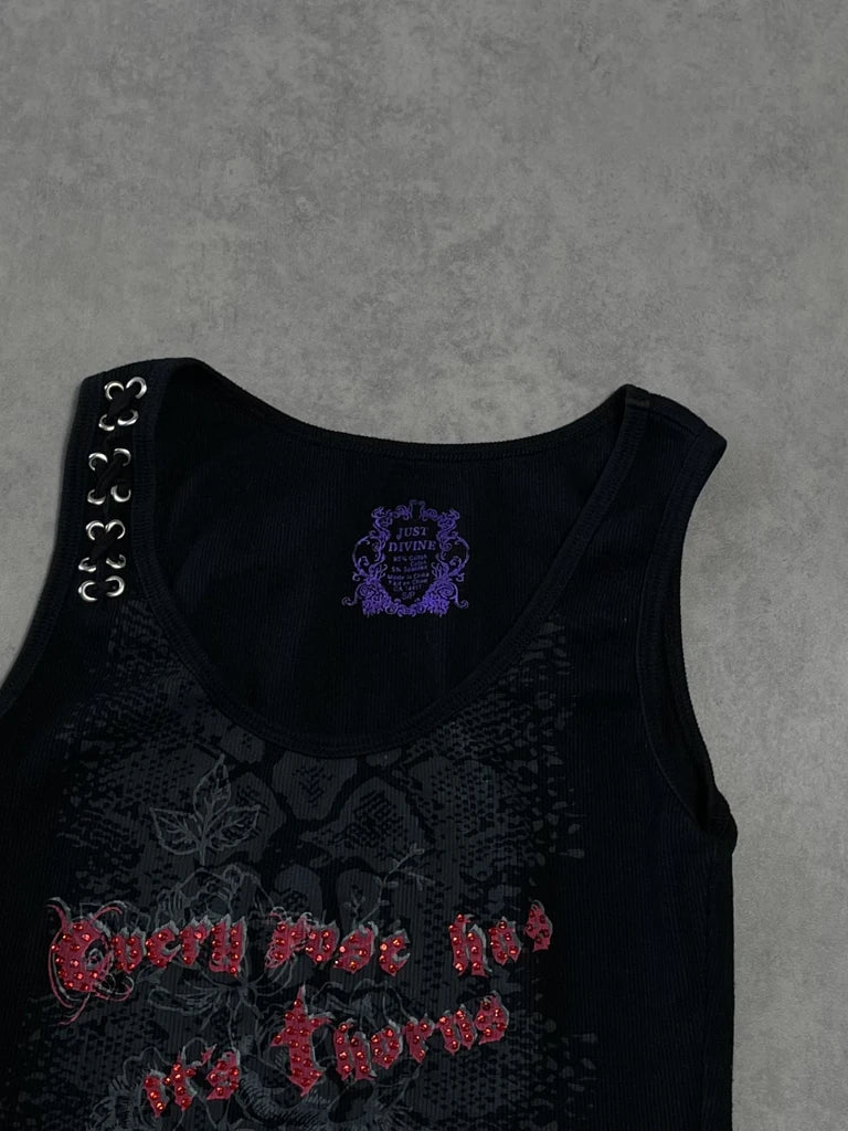 detail view, Just Divine Rock Rhinestone Top, vintage Y2K second hand piece