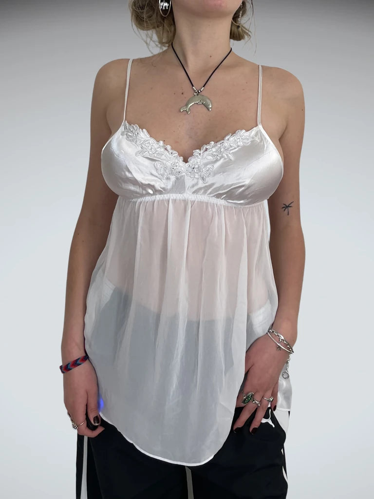 front view, Gilligan&Omalley Dreamy Night White Sheer Top, vintage Y2K second hand piece