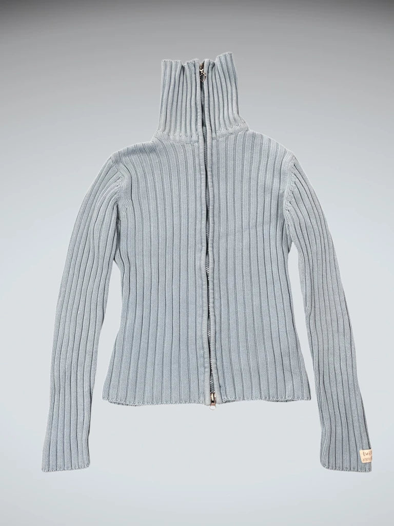 detail view, Twik Turquoise Ribbed Zip Cardigan, vintage Y2K second hand piece