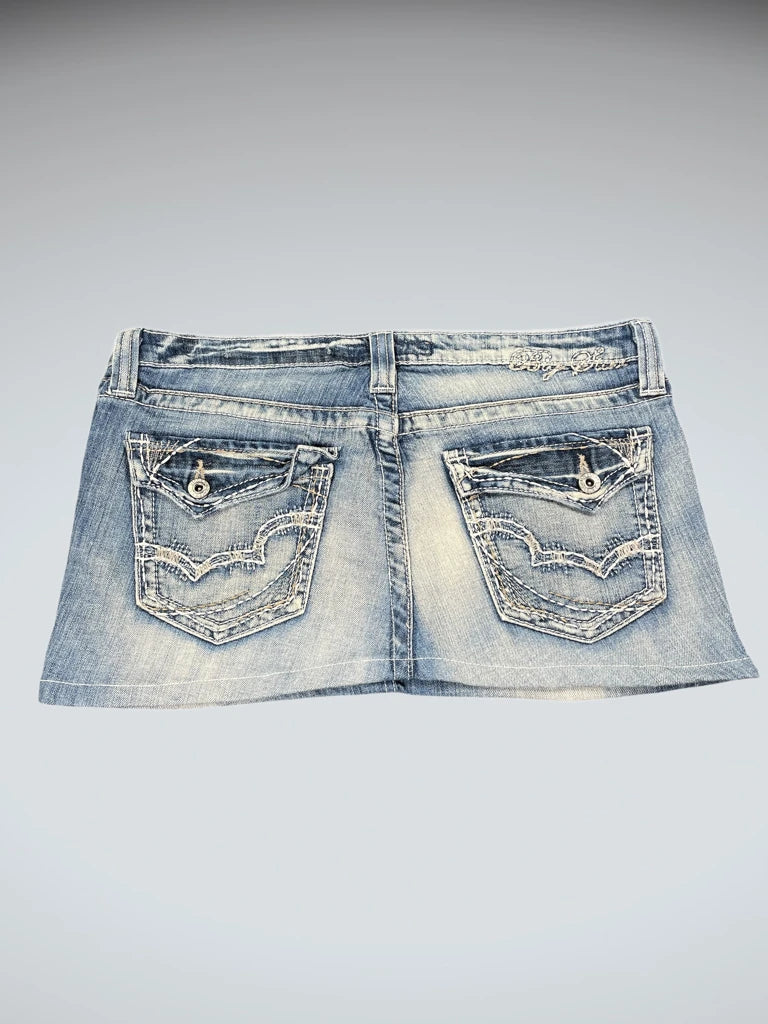 front view, Big Star Light Blue Faded Denim Mini Skirt with Embroidered Back Pockets, vintage Y2K second hand piece