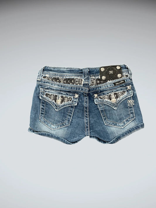 front view, Miss Me Distressed Embellished Denim Hotpants, vintage Y2K second hand piece