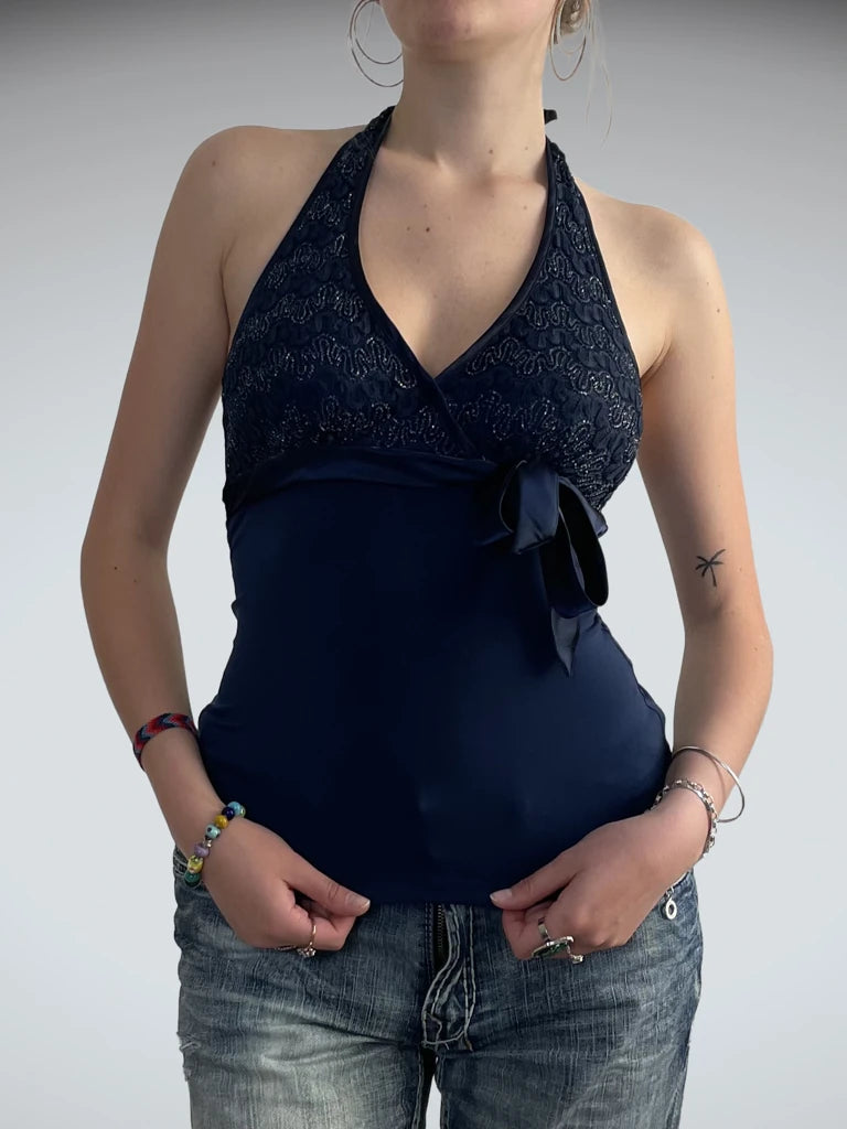 front view, Three Pink Hearts Trixxi night charm – lace tie halter, vintage Y2K second hand piece