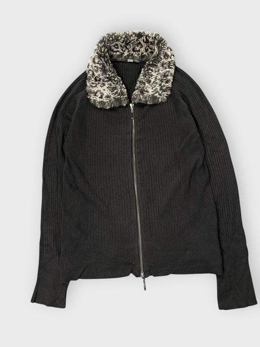 front view, Black Ribbed Zip Cardigan with Faux Fur Collar, vintage Y2K second hand piece