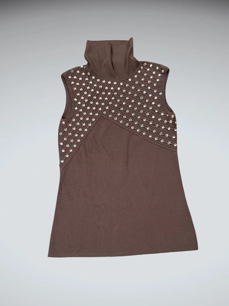 detail view, Leonards brown studded turtleneck top, vintage Y2K second hand piece