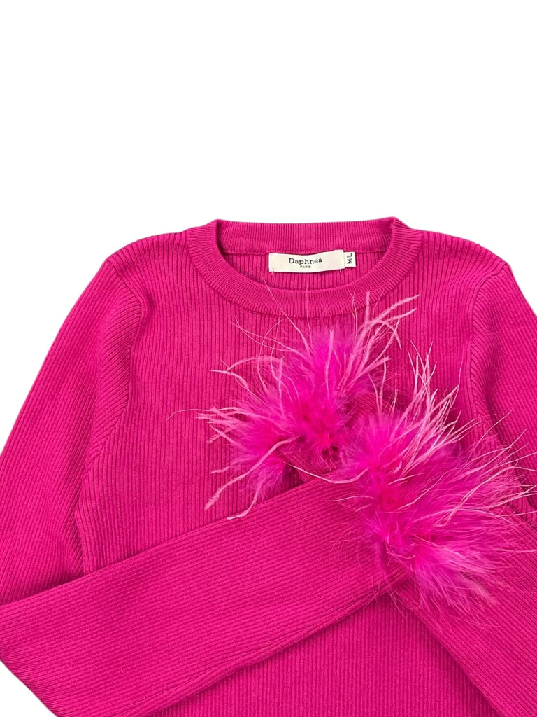 detail view, Daphnea Hot Pink Knit Sweater with Feather Cuffs, vintage Y2K second hand piece