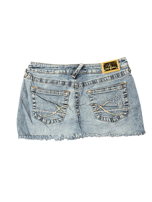 back view, Baby Phat Distressed Blue Denim Skirt, vintage Y2K second hand piece