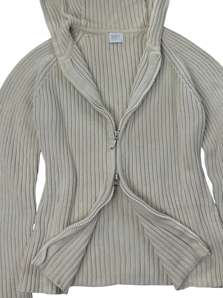 detail view, Beiger gerippter Strick-Hoodie aus Baumwolle mit Reißverschluss für lässige und gemütliche Alltagslooks L: 51 cm / W: 43 cm Beige Ribbed Knit Hoodie, vintage Y2K second hand piece
