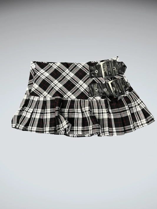 front view, Hell Buny Hell Bunny Punk Plaid Pleated Skirt with Buckles, vintage Y2K second hand piece