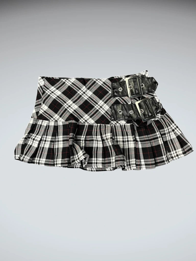 front view, Hell Buny Hell Bunny Punk Plaid Pleated Skirt with Buckles, vintage Y2K second hand piece