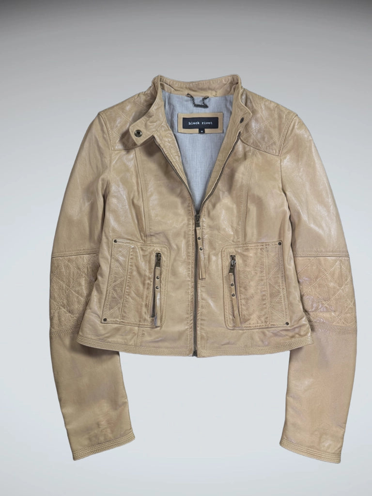 front view, Black Rivet Light Brown Faux Leather Biker Jacket Women, vintage Y2K second hand piece