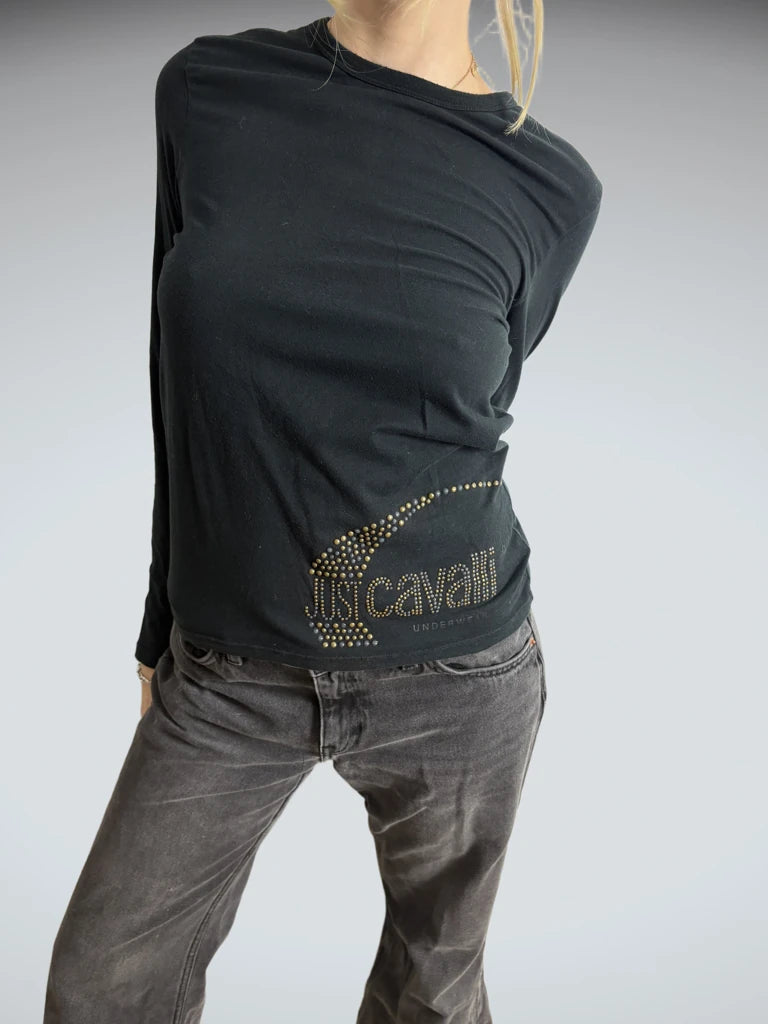 front view, Just Cavalli Y2K Black Long Sleeve Top, vintage Y2K second hand piece