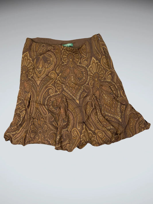 front view, Polo Ralph Lauren Vintage Brown Paisley Silk Skirt, vintage Y2K second hand piece