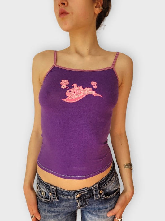 front view, Okay Purple Graphic Ribbed Camisole, vintage Y2K second hand piece