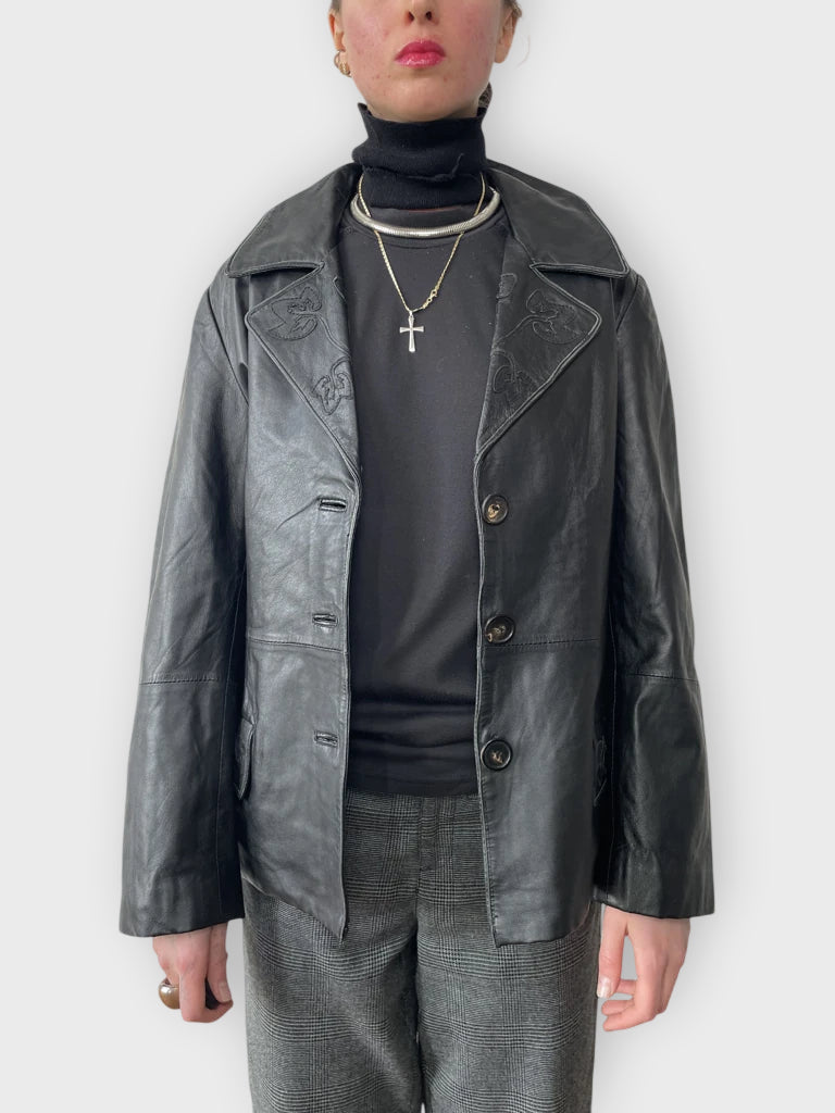front view, Conbipel Black Leather Coat, vintage Y2K second hand piece