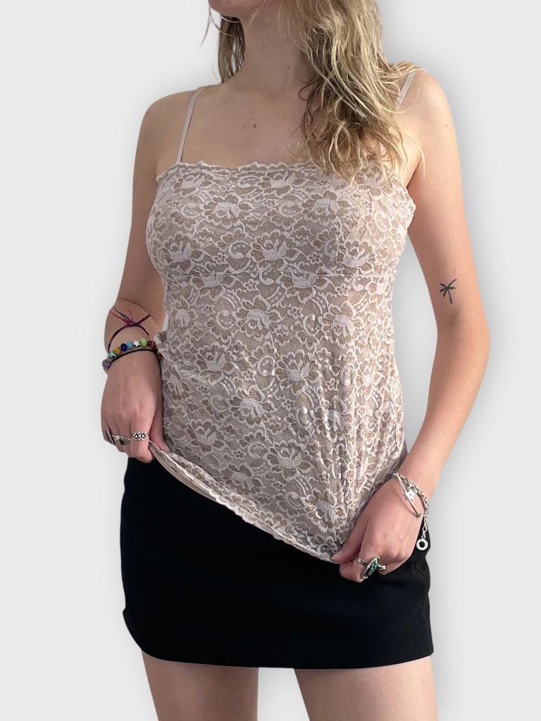 front view, New York & Company beige bloom – sheer lace cami, vintage Y2K second hand piece