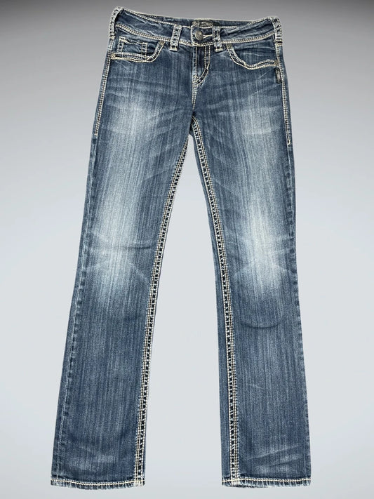 front view, Silver Jeans Medium Wash Bootcut Jeans with White Contrast Stitching, vintage Y2K second hand piece