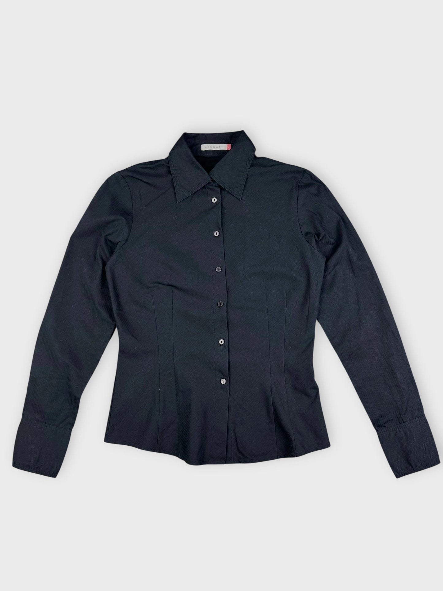Chic black button-up shirt with tailored fit, front view, featuring a smooth texture.