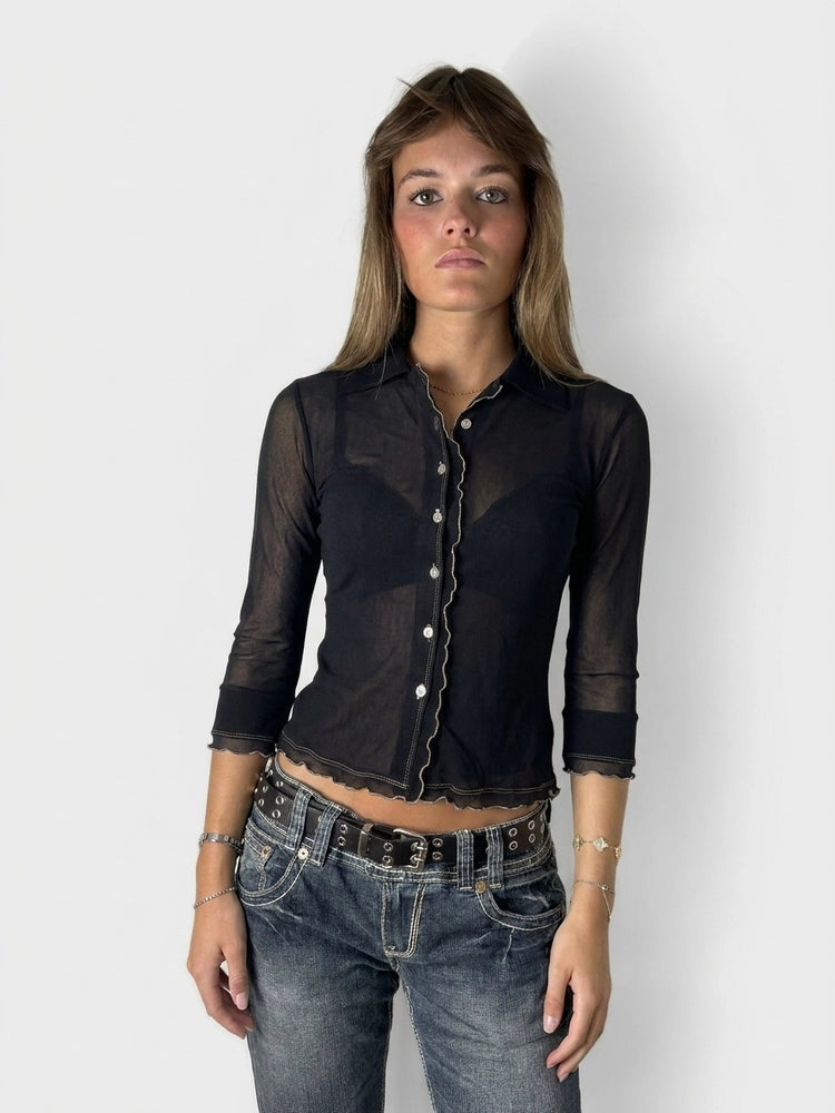 Chic Black Ruffled Collared Shirt (M)