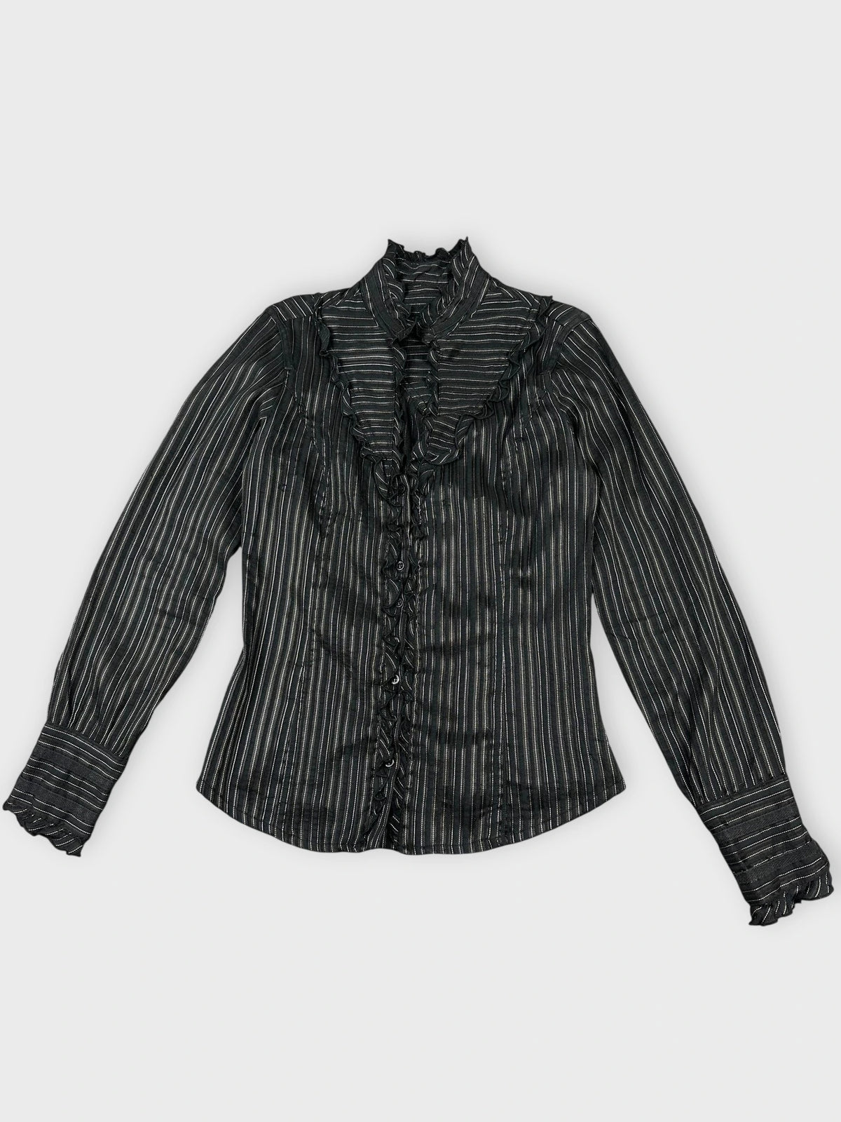 Chic black long-sleeve blouse with striped pattern and ruffled trim front view