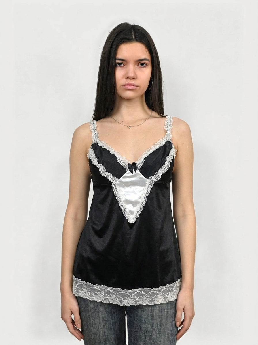 Chic black satin top with lace trim, featuring a v-neck design, front view.