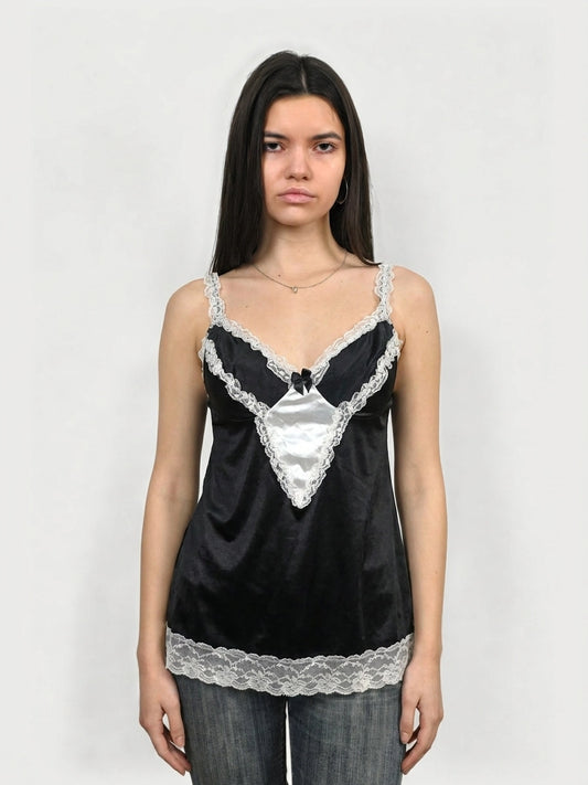 Chic black satin top with lace trim, featuring a v-neck design, front view.