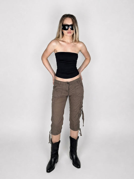 Chic brown cargo shorts with drawstrings featuring a front view.