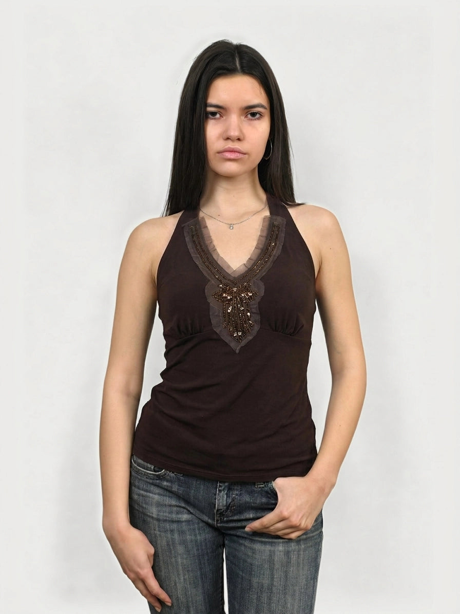 Chic brown halter top with beaded detail, front view.