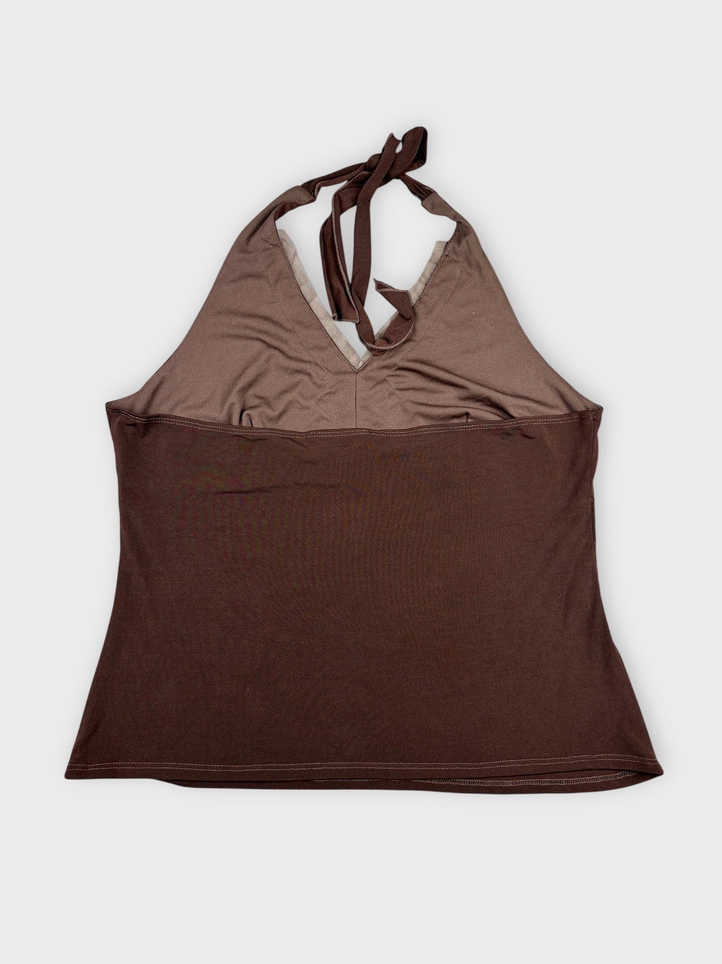 Brown halter top with embellished detail in back view.