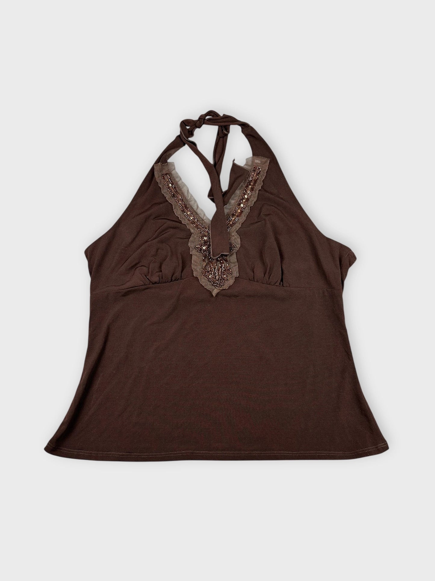 Chic brown halter top with embellished detail front view